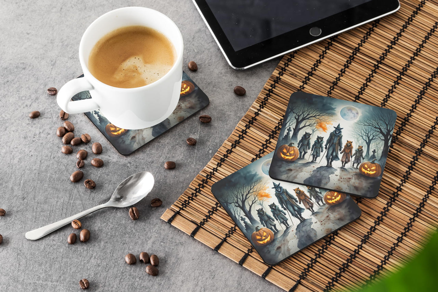 Caroline's Treasures Werewolves Spooky Halloween Foam Coaster Set of 4 Cup Coasters for Indoor and Outdoor, Coaster for Tabletop Protection, Anti Slip, Mouse pad Material