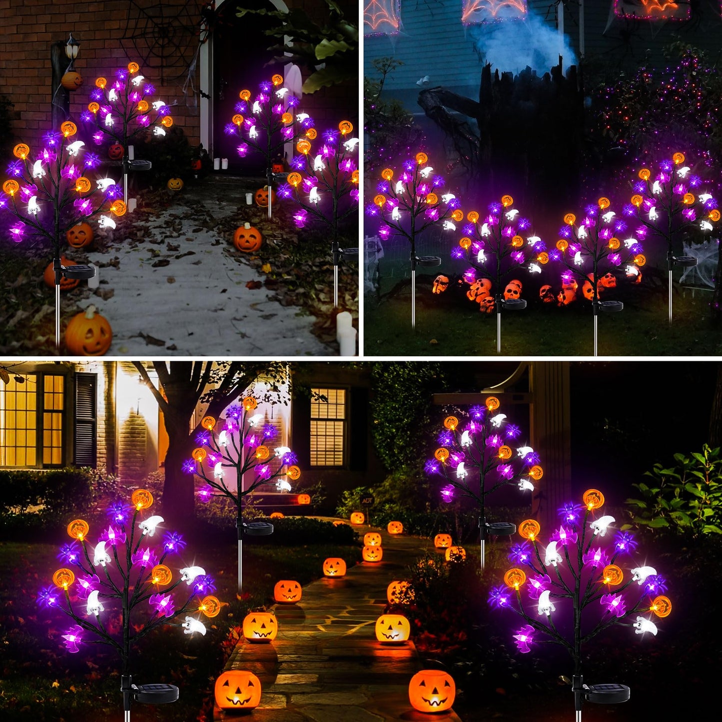 Halloween Decorations Outdoor Solar Lights, 2 Pack Halloween Lights Outdoor Solar Lights Waterproof with 20 LED Ghosts Bats Spiders Pumpkin Light, 8 Modes Solar Pathway Lights for Halloween's Decor