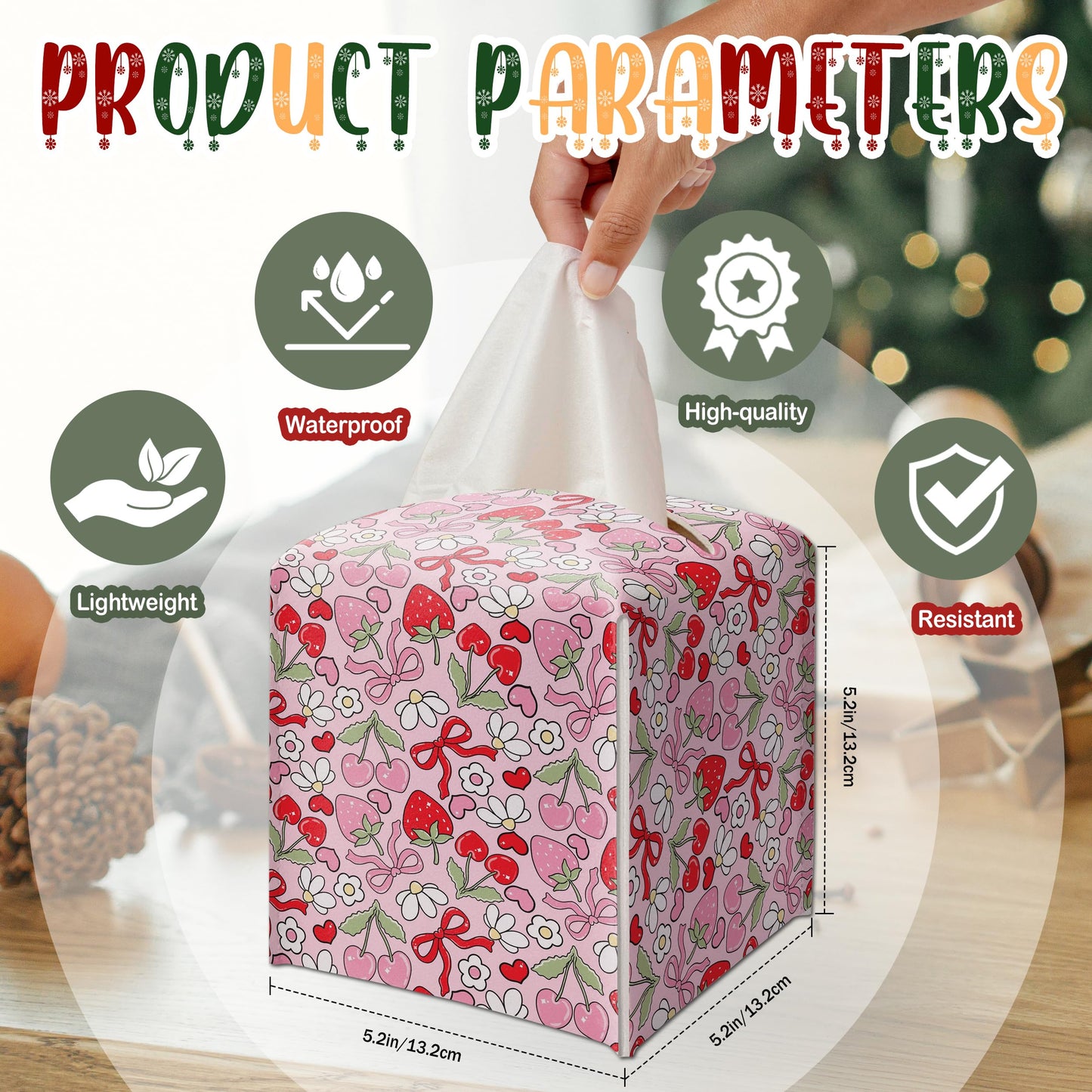 Modern Square Leather Tissue Box Cover/Case Holder Gifts for Women Family and Friends, Decorative Holder/Organizer for Bathroom Kitchen Nightstand Office Home (Red Bow Strawberry)