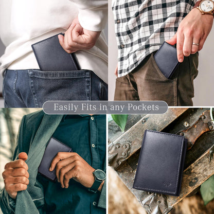 LushLuxeoria Full Grain Genuine Leather Wallet for Men, Handcrafted Travel Wallet, Minimalist Slim Trifold Wallet, Anti-Theft RFID Blocking Wallet - Tri-fold - Navy