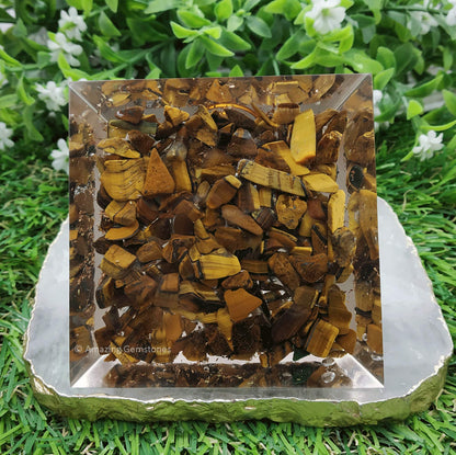 Large Orgone Pyramid | Glow in Dark Tigers Eye Pyramid Crystal | Orgonite Pyramid | Organ Pyramids Positive Energy Healing