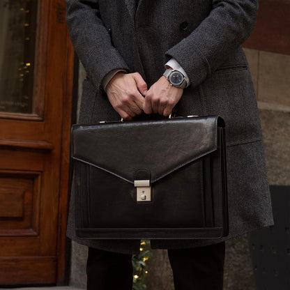 Time Resistance Leather Briefcase for Men - Business Laptop Bag - Italian Handmade Leather Bag - Attache - Gift Box Included (Black)