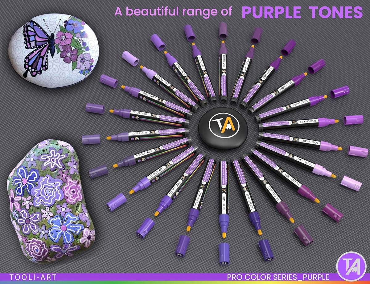 TOOLI-ART 22 Acrylic Paint Markers Paint Pens Pro Color Series Set 3mm Medium Tip for Rock Painting, Glass, Mugs, Wood, Metal, Glass Paint, Canvas, DIY. Non Toxic, Waterbased, Quick Drying (PURPLE)