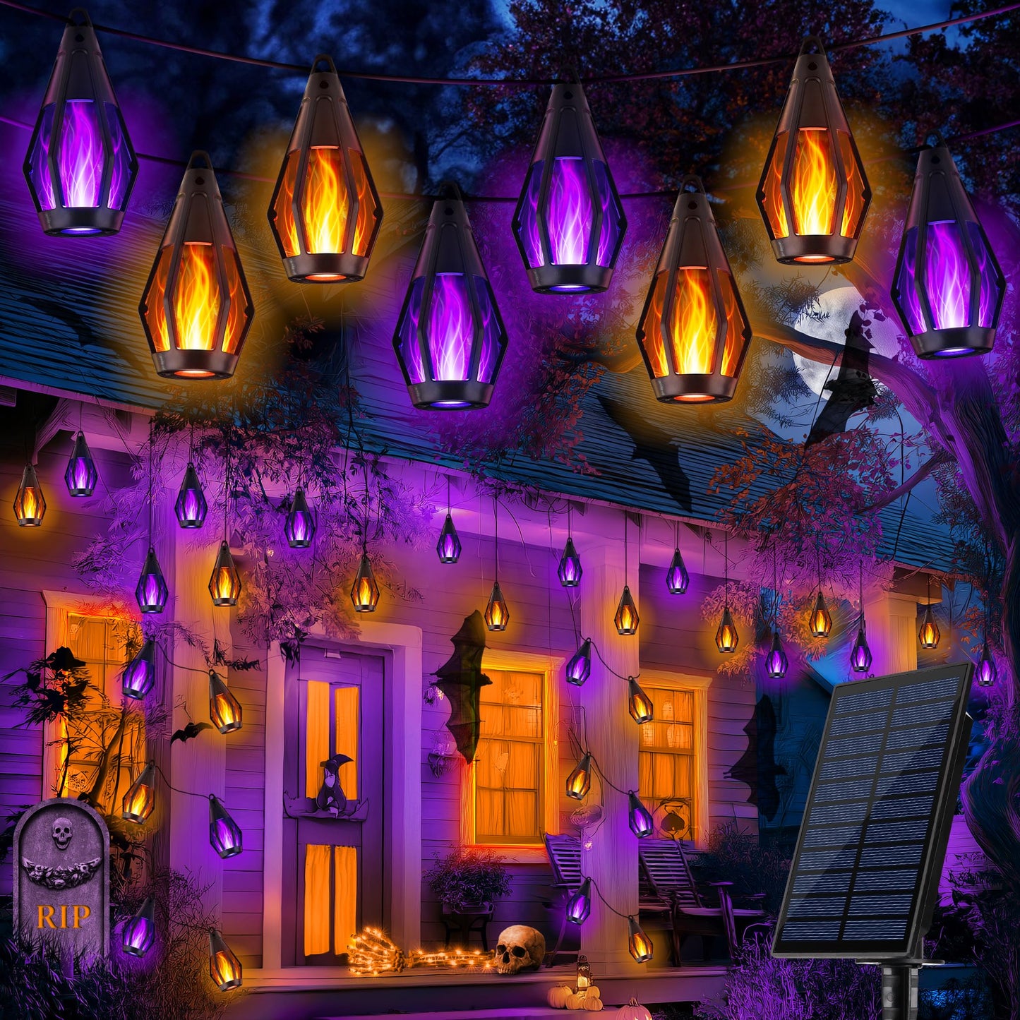 iBaycon Solar Halloween Lights, 42Ft 15 LED Bulbs Flickering Flame String Light, Outdoor Waterproof Solar Flame Lights for Garden Yard Patio Halloween Decorations (Warm White + Purple)