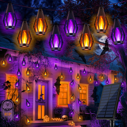 iBaycon Solar Halloween Lights, 42Ft 15 LED Bulbs Flickering Flame String Light, Outdoor Waterproof Solar Flame Lights for Garden Yard Patio Halloween Decorations (Warm White + Purple)