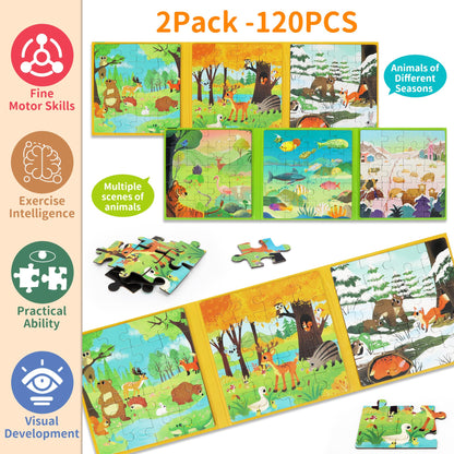 Magnetic Puzzle for Toddlers 3-5 2PK-120PCS-6 Animal Themes Puzzles for Kids 4-6 Travel Puzzle for Airplane/Car/Road Trip/Gift Toys for 3-8 Girls and Boys