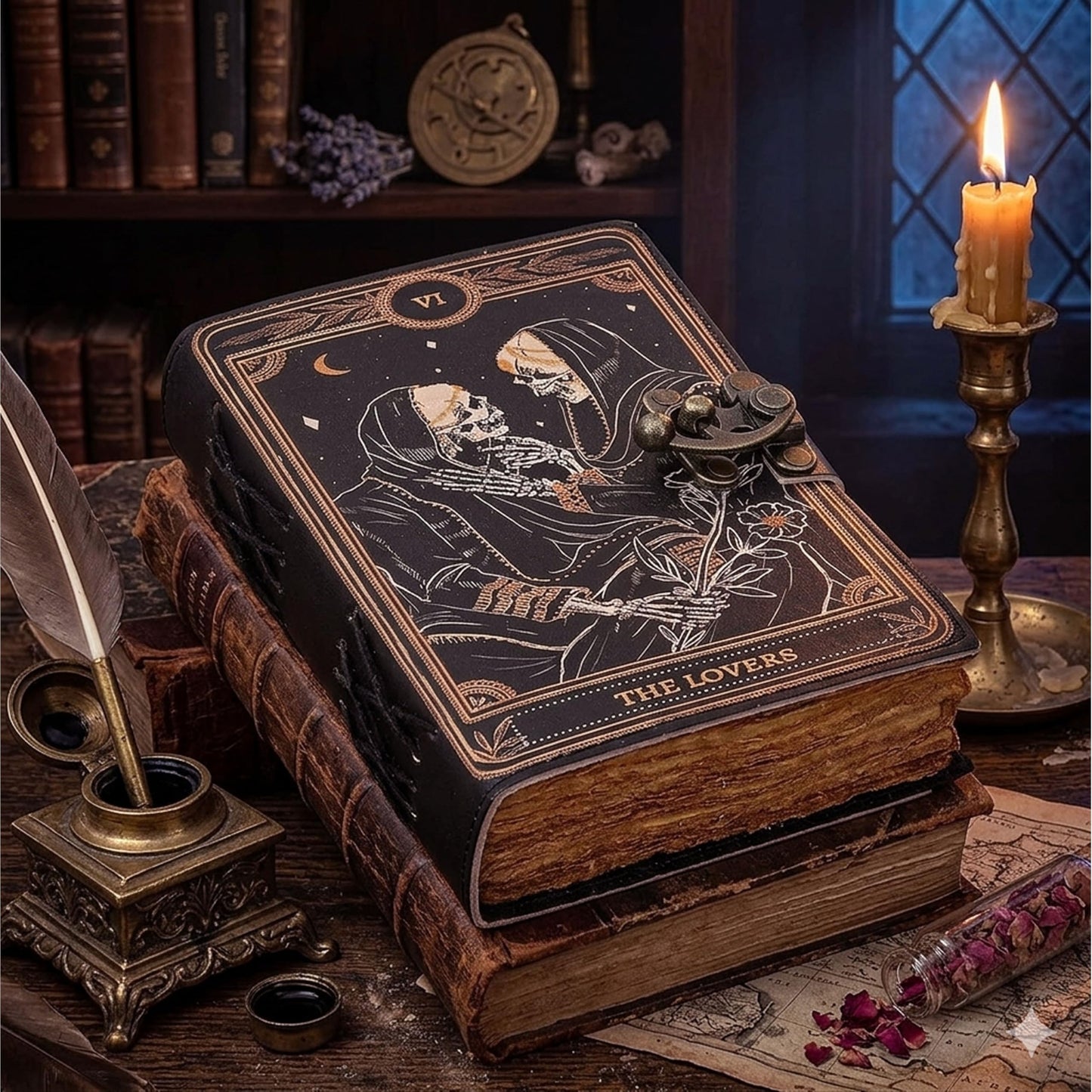 cuero Book of Spells Leather Journal Deckle Edge Paper Grimoire Printed Journal The Lovers Tarot Notebook Spiral Gothic Notebook Skull lover Antique Vintage Leather Journals for Men and Women