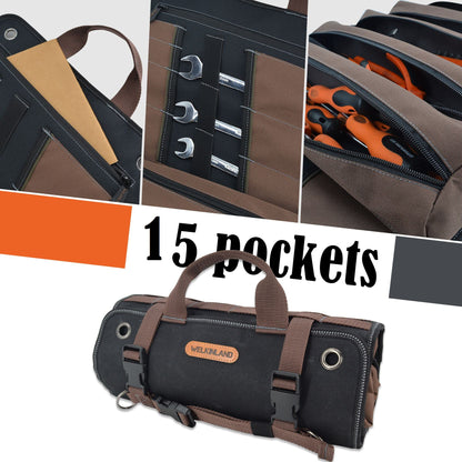 WELKINLAND Heavy-Duty Waxed Canvas Tool roll, 15-Pockets Tool Wrap Roll, 15L Tool Up Roll Bags, Tool Bag Roll, Tool roll organizer, Roll up tool bag organizer
