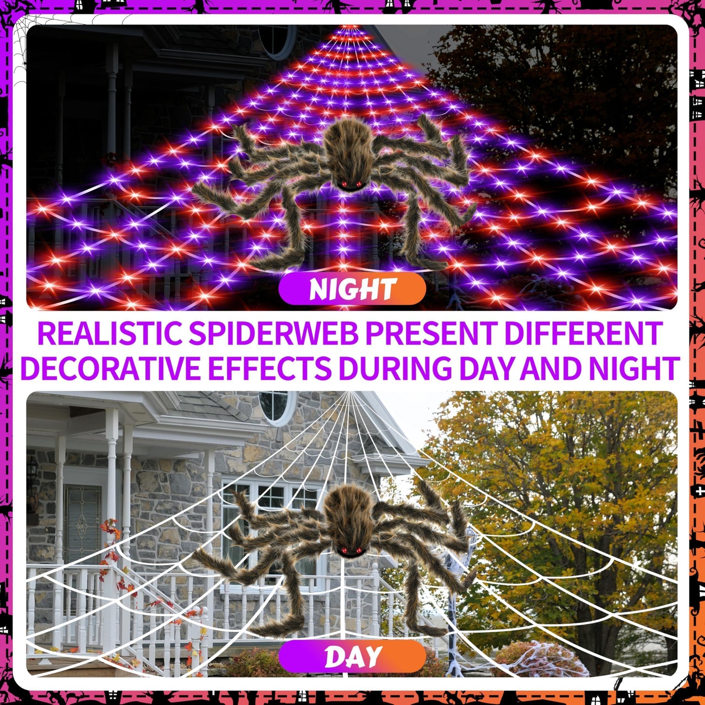 Halloween Spider Web Lights Giant Spider, 16.4Ft 450 LED Lighted Spider Web with with 8 Lighting Modes Waterproof & Timer for Indoor Outdoor House Haunted Yard Decor,Purple&Orange