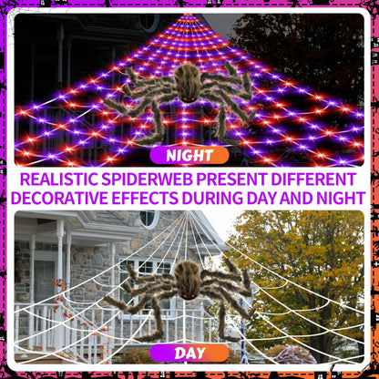 Halloween Spider Web Lights Giant Spider, 16.4Ft 450 LED Lighted Spider Web with with 8 Lighting Modes Waterproof & Timer for Indoor Outdoor House Haunted Yard Decor,Purple&Orange