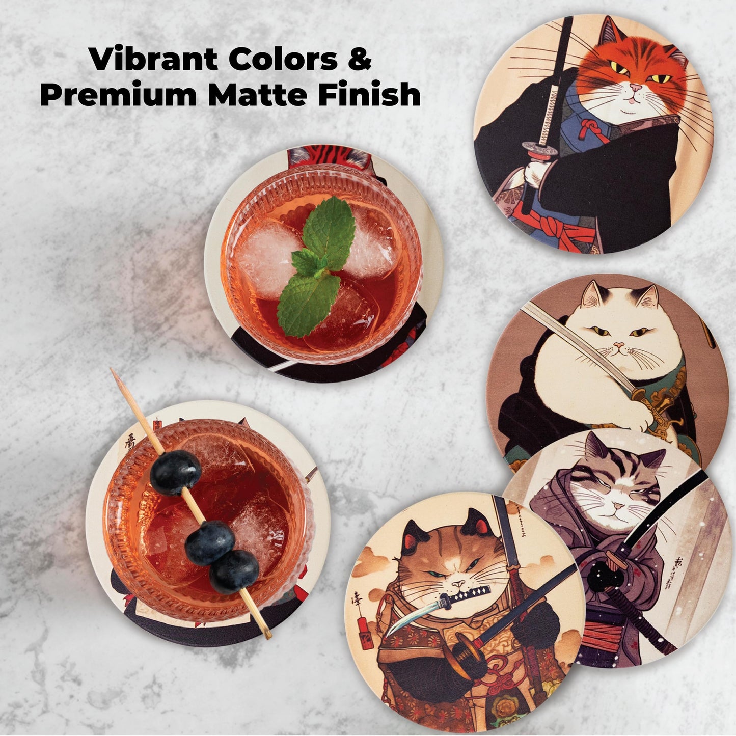 Ninja Cat Coasters - Anime Cat Decor - Set of 6 Drink Coasters with Holder, Funny Coasters, Anime Gifts for Men