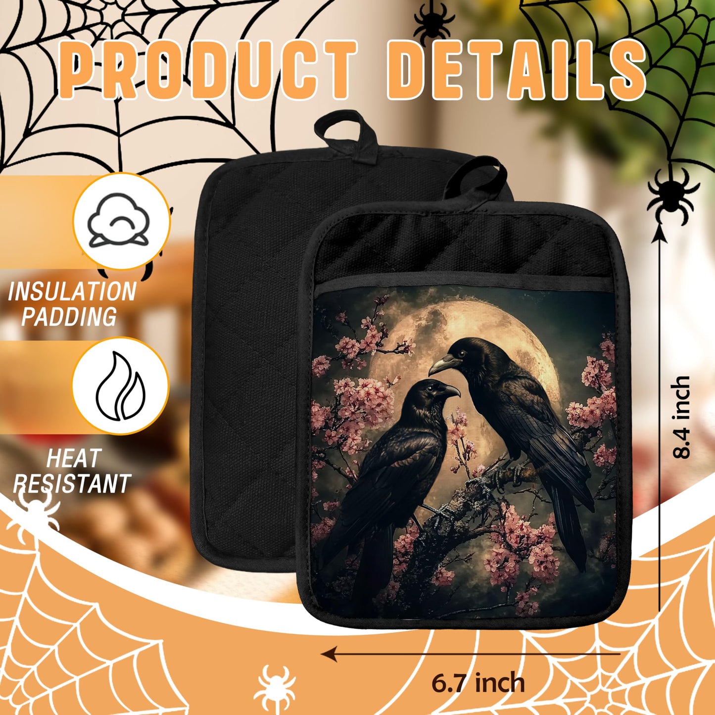 GOOZHO Moody Moonlit Gothic Raven Pot Holders with Pockets, Dark Academia Halloween Crow Cherry Blossom Oven Pot Holders Heat Resistant Oven Mitts Hot Pads for Kitchen Baking Cooking