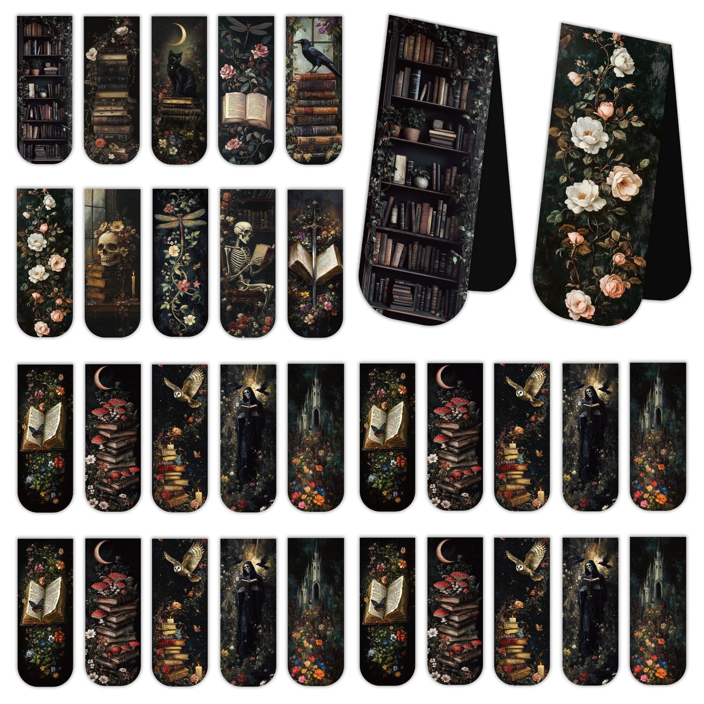 30PCS Dark Academia Magnetic Bookmarks Set, Aesthetic Gothic Skull Cat Rose Owl Book Mark Clips, Vintage Witchy Dark Romance Accessories for Women Men Students Book Lovers, 0.7×2.6in