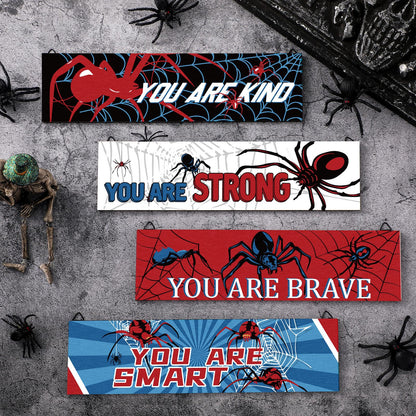 Geetery 4 Pcs Spider Room Decor 16'' x 5'' Boys Bedroom Wall Decor Wooden Inspirational Spider Hanging Sign Kids Large Motivational Wall Art for Little Boy Kid Teen Bedroom Nursery Home Birthday Gift