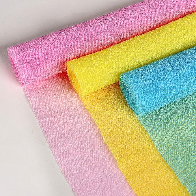 ARCH&M Exfoliating Shower Towel & Body Scrubber, Peach Purple Pink, 3 Pack | Japanese Washcloth, Hygienic, Nylon, Daily Use, Smoother Skin, Deep Exfoliation, 35-Inch, Quick-Dry, Durable Machine Washable