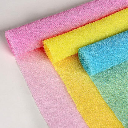 ARCH&M Exfoliating Shower Towel & Body Scrubber, Peach Purple Pink, 3 Pack | Japanese Washcloth, Hygienic, Nylon, Daily Use, Smoother Skin, Deep Exfoliation, 35-Inch, Quick-Dry, Durable Machine Washable