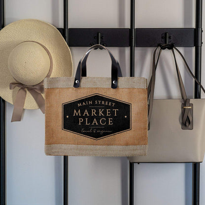 Santa Barbara Design Studio Main Street Farmers Market Tote, Reusable Burlap Grocery Bag with Leather Handle, Purse for Beach or Picnics, Food Lovers Gift Idea, 12.5 x 9.5 Inches