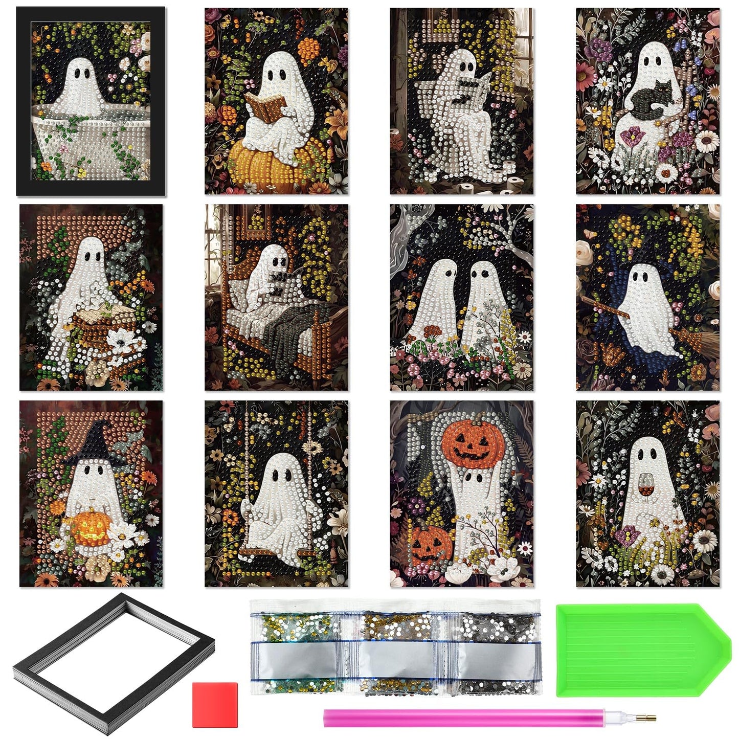 Saillong 24 Pcs Halloween Mini Diamond Art Kits for Adults Beginners DIY Spooky Ghost Pumpkin Small Diamond Painting Kits Full Paint Drill with Gem Art Painting for Home Decor 5.12x3.94 Inch