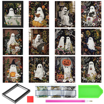Saillong 24 Pcs Halloween Mini Diamond Art Kits for Adults Beginners DIY Spooky Ghost Pumpkin Small Diamond Painting Kits Full Paint Drill with Gem Art Painting for Home Decor 5.12x3.94 Inch