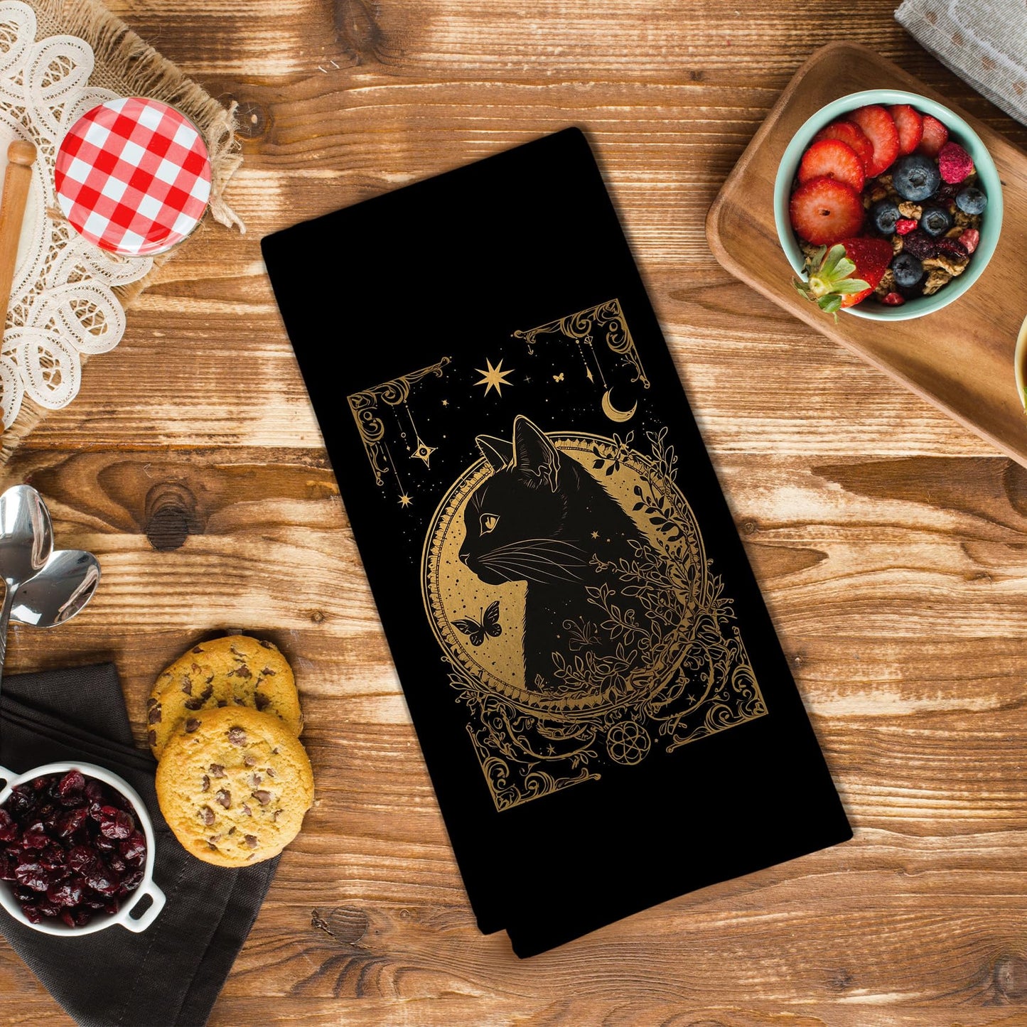 GWFSJYU Gothic Tarot Cat Kitchen Towels, Witchy Black Gold Dish Tea Towels for Kitchen, Witchy Cat Gifts for Cats Lovers Women, Cats Decorative Hand Towels for Bathroom, 16x24 Inch
