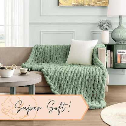 Adyrescia Chunky Knit Blanket Throw | 100% Hand Knit with Jumbo Chenille Yarn (50"x60", Sage Green)