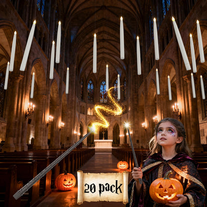 Prerish 20PCS Floating Candles with Wand, Magic Halloween Hanging Candles, Flickering Battery Operated Taper LED Flameless Candles with Wand Remote for Halloween Decorations Gifts Indoor