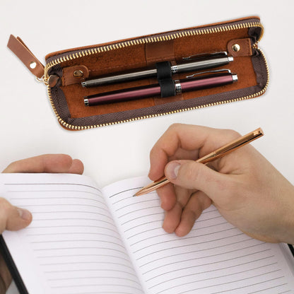 JANKINGS Genuine Leather Pen Case with Dual Elastic Loops - Vintage Fountain Pen Pouch with Metal Zipper - Slim 2-Slot Pencil Sleeve Organizer for Expensive Pens, Writing Instruments - Brown