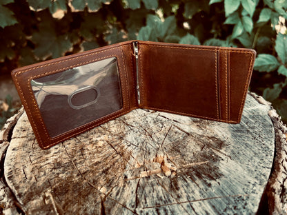 Genuine Leather AirTag & Moto Tag Wallet – Minimalist RFID Blocking, Slim Bifold Credit Card Holder with Money Clip, Gift Box (Brown)