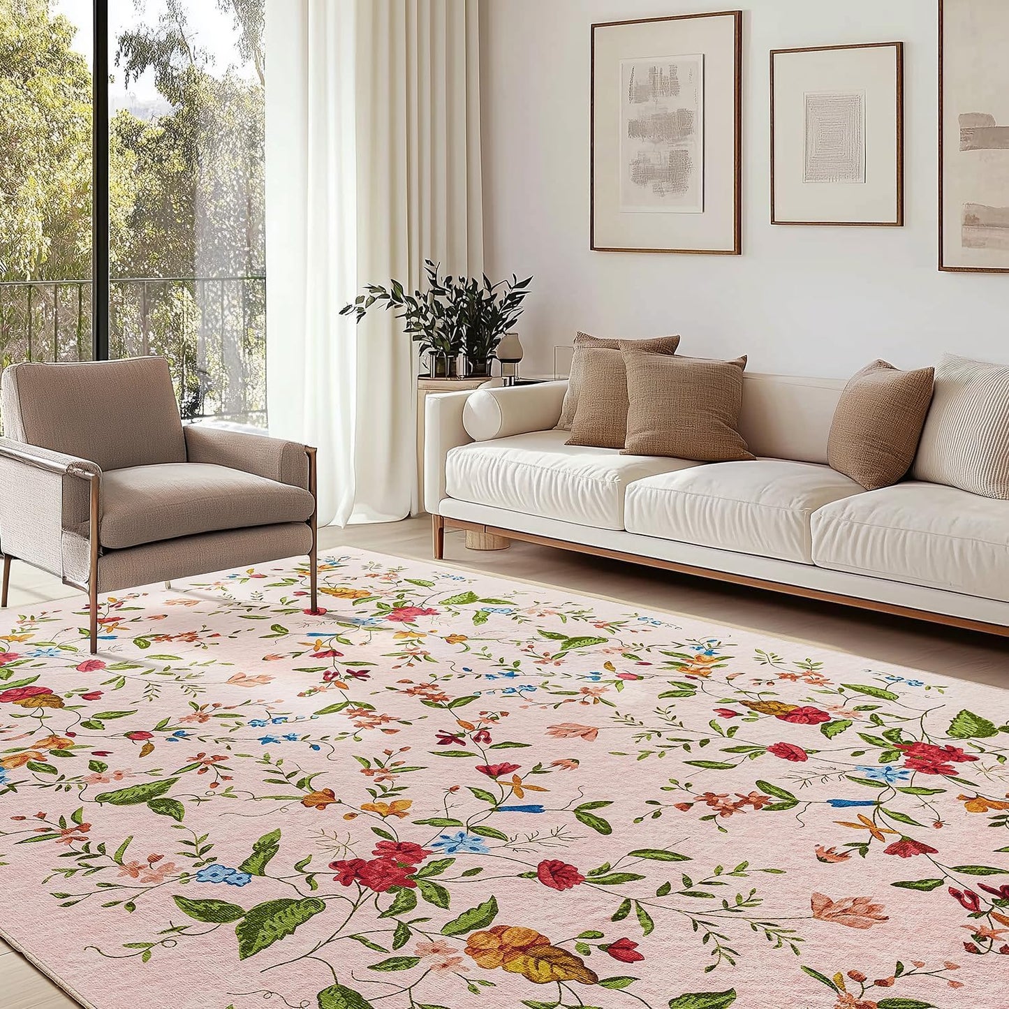 Triohero Bedroom Rug 4x6 Washable Non Slip Area Rug Bohemian Carpet Stain Resistant Spillproof Polyester Floral Area Rug Foldable Pet & Kid Friendly 4x6 Rug for Living Room, Bedroom, Kitchen