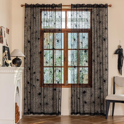 YJ YANJUN Halloween Curtains for Living Room 72 inch Long Goth Black Sheer Curtains 2 Panels Spooky Spiderwebs Halloween Decoration for Party Supplies Garage Door 55Wx72L Inch