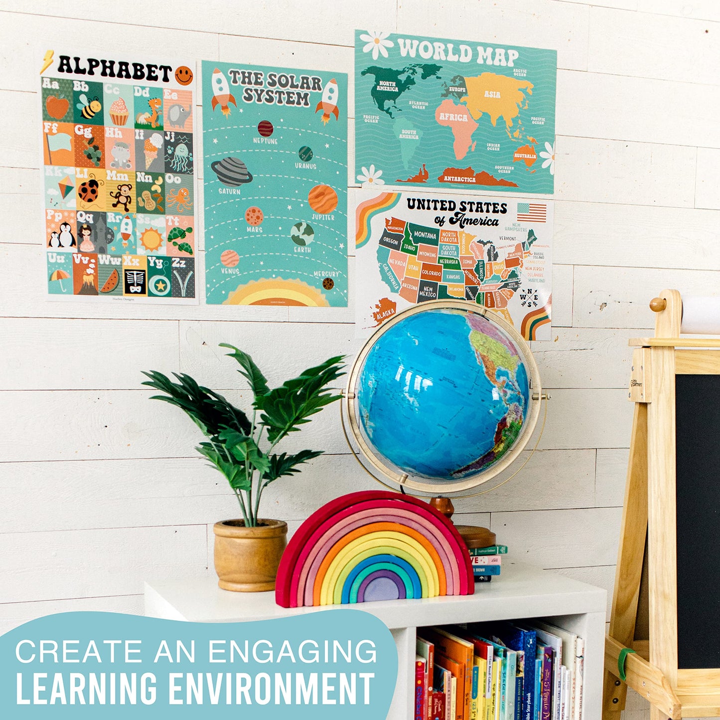 Hadley Designs 4 Alphabet, Map of United States, World Map, & Solar System Posters - Laminated ABC Charts for Toddlers Wall Decor, Retro Posters for Kindergarten, Prek Classroom or Homeschool 11x17