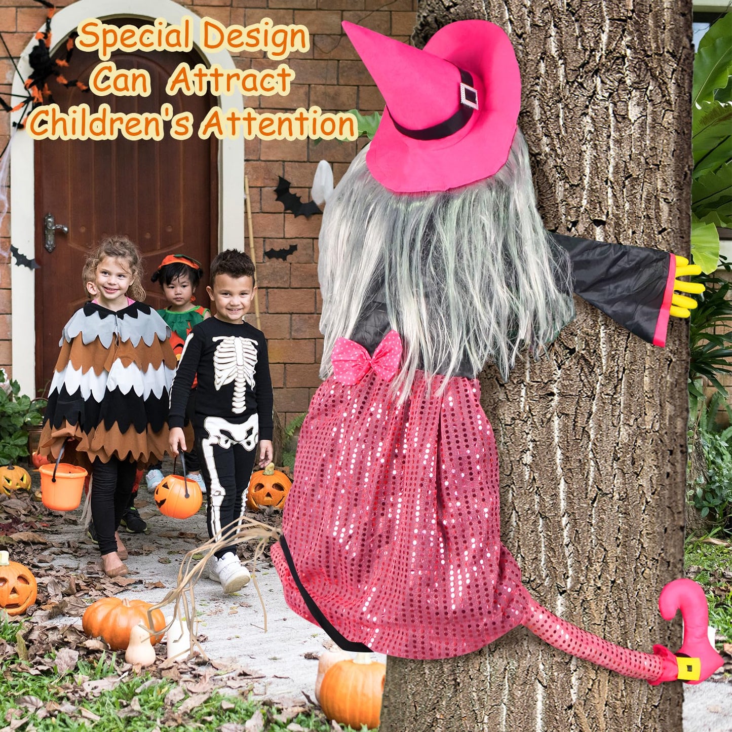 Mewcooss 67" Large Crashing Witch Halloween Decor - Pink Witch Halloween Decor Crashing into Tree Props Halloweens Flying Witches Decoration with Broom for Outdoor Backyard Garden & Lawn