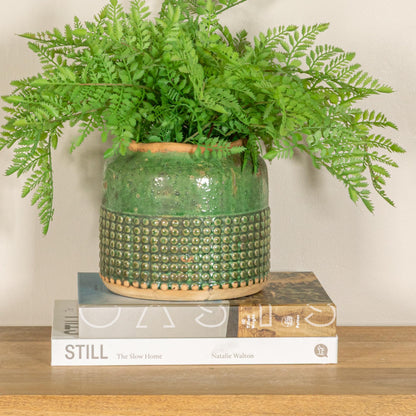 Creative Co-Op Round Terra-Cotta Hobnail Planter Vase with Heavily Distressed Finish, Green