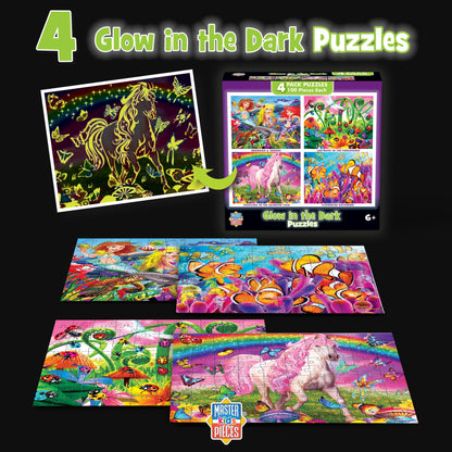 MasterPieces – Jigsaw Puzzle Set for Kids 6+ Years, 4-Pack of 100 Pieces, Educational and Fun Game, Purple Glow in the Dark Collection, Gift Idea for Children, 8" x 10