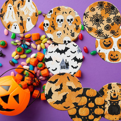 8 Pieces Halloween Diamond Art Coasters with Holder DIY Halloween Diamond Dot Coasters 5d Full Drill Diamond Coasters for Adults Halloween Diamond Painting Kits Supplies for Gift
