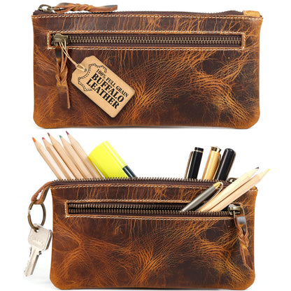 LEATHER TOWN Leather Pencil Case Pouch 8" x 4" - Leather Pen Case with Zipper (Antique Brown)