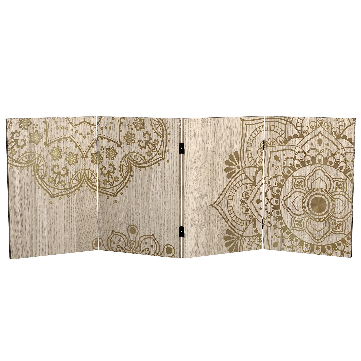 Red Lantern 2 ft. Short Double Sided Mandala on Oak Canvas Folding Screen 4 Panel Freestanding Partition and Separator for Modern and Contemporary Bedroom, Home Office, Studio, Dorm, Apartment