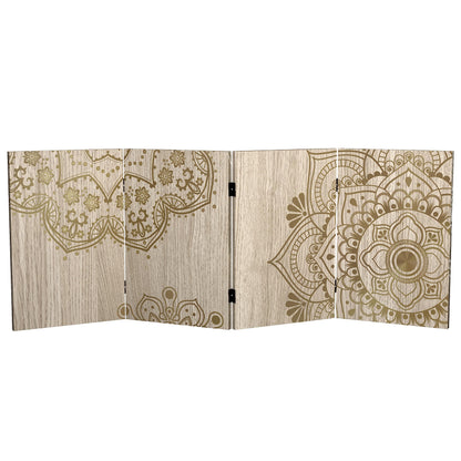 Red Lantern 2 ft. Short Double Sided Mandala on Oak Canvas Folding Screen 4 Panel Freestanding Partition and Separator for Modern and Contemporary Bedroom, Home Office, Studio, Dorm, Apartment