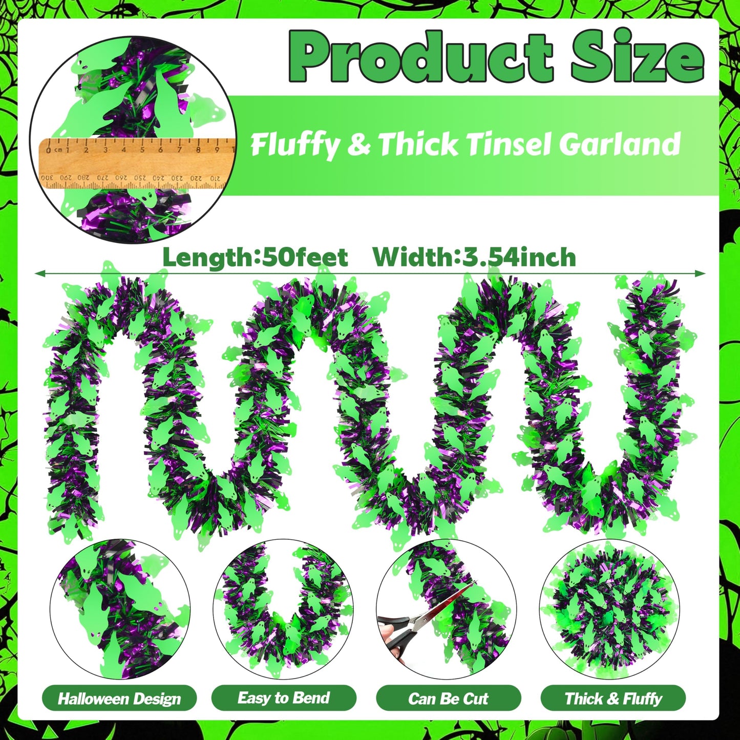 50 FT Halloween Tinsel Garland, Thick Glitter Tinsel Garland Hanging Streamers Green Ghost Metallic Holiday Tinsel Hanging Oranment for Halloween Party Supplies Indoor Outdoor Decoration