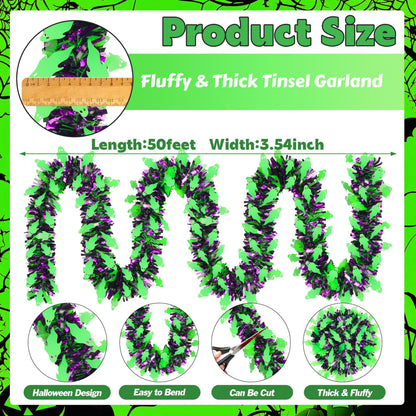 50 FT Halloween Tinsel Garland, Thick Glitter Tinsel Garland Hanging Streamers Green Ghost Metallic Holiday Tinsel Hanging Oranment for Halloween Party Supplies Indoor Outdoor Decoration