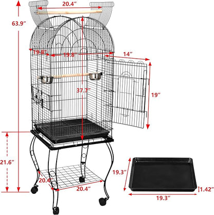 ZENY 63.5 Inch Open-Top Birdcage, Wrought Iron Bird Cage with Slide-Out Tray + Detachable Rolling Stand, Pet Parrot Cage for Parakeets Cockatoo Cockatiels, Play-Top Birdcage