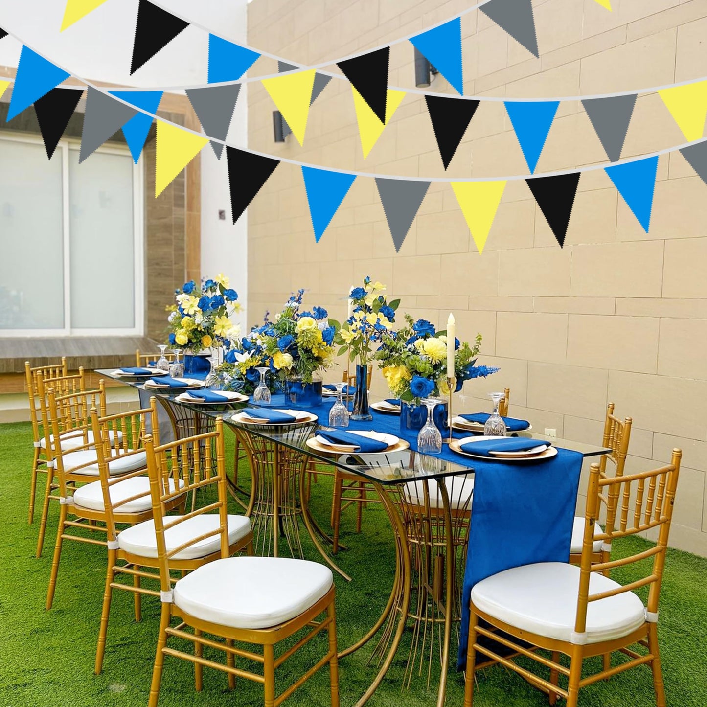 40Ft Yellow Blue Black Grey Fabric Bunting Banner Pennant Hanging Party Decorations Cotton Triangle Flag Garland for Boys Cartoon Police Super Spider Bat Space Game Theme Birthday Baby Shower Decor