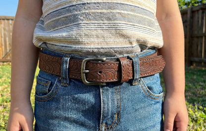 BC Belts Western Kids Leather Belt Strap and Metal Buckle 1" Wide with Snaps - Embossed Western Scrollwork Cowboy Country (Brown-S)