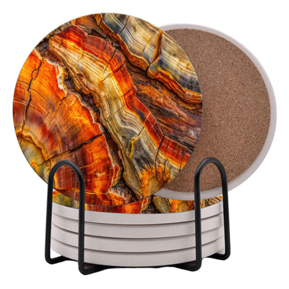 Petrified Wood Agate Round Coasters Set of 6 - Abosrbent Ceramic Coasters with Metal Stand for Drinks, Coffee, Non-Slip Cork Back for Tabletop Protection, 4 Inches