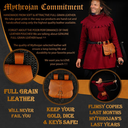 Mythrojan Medieval Leather Belt Pouch Vintage Waist Bag for LARP, Renaissance Fairs, Costumes, Cellphone Holder, Travel Wallet, Fanny Pack, Holster Purse Durable & Stylish Pouch - Brown, 6.2" x 7"
