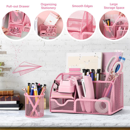 Fayoo 11 Pcs Pink Office Supplies Set Mesh Desk Organizer Accessories Kit include Stapler Tape Dispenser Staple Remover Clips Ruler Scissors Sticky Notes for Office School Home Women (Pink)