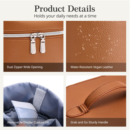 BOYATU Makeup Bag Vanity Case: Vegan Leather Cosmetic Bag for Women - Waterproof Travel Toiletry Organizer with Removable Divider - Portable Make up Bag with Handle (Brown)