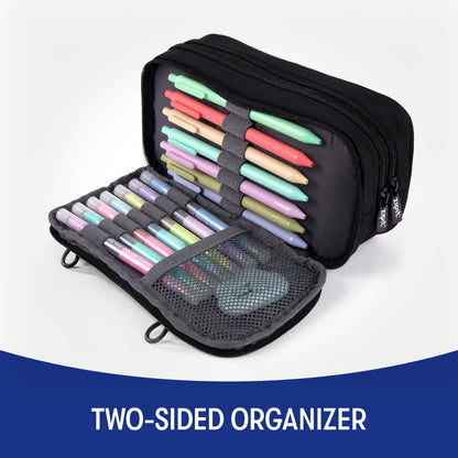 ZIPIT Half & Half Pencil Case, 3 Compartment Zipper Pouch for School, Stationery Bag for Teen Girls Boys and Adults, Black