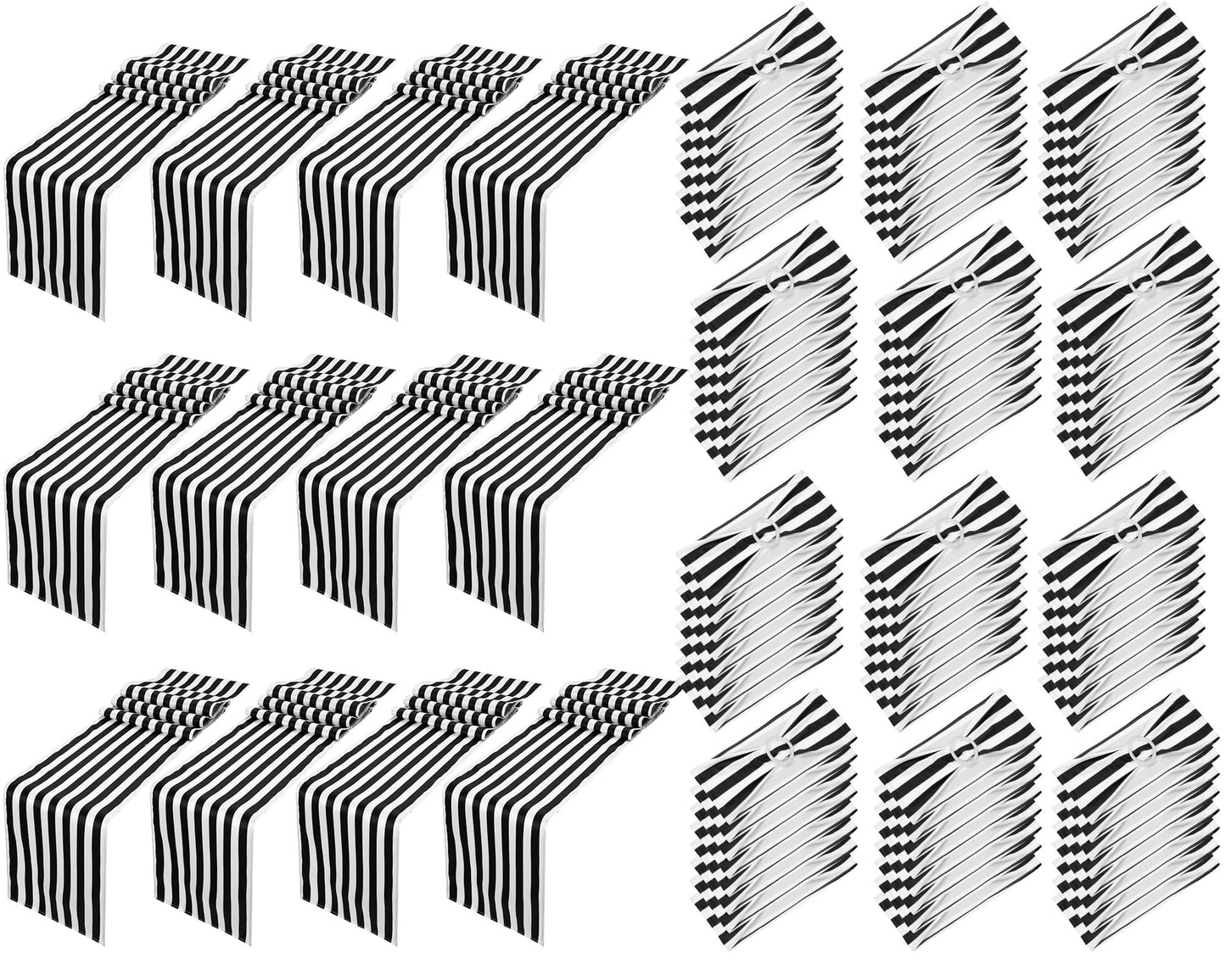 Newwiee 108 Pcs Stretch Chair Sashes with Table Runners, Sashes Fringe Table Runner for Party Wedding Reception Banquet Decorations (Black and White)
