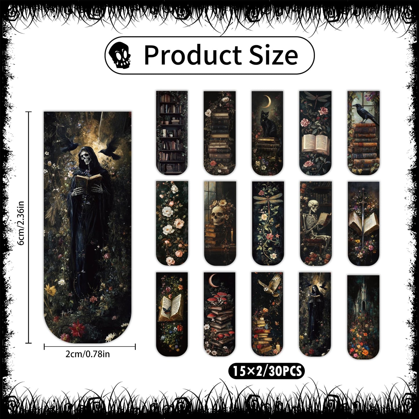 30PCS Dark Academia Magnetic Bookmarks Set, Aesthetic Gothic Skull Cat Rose Owl Book Mark Clips, Vintage Witchy Dark Romance Accessories for Women Men Students Book Lovers, 0.7×2.6in